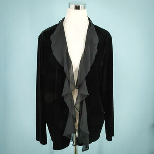 Chico's 3 Size XL Traveler's Black Velvet Ruffle Open Front Cardigan Jacket